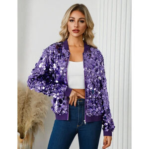 Purple Sequin Zipper Front Jacket